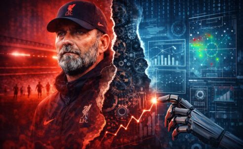 Opinion graphic showing Jürgen Klopp beside data screens and a robotic hand for a King of the Kop article on Liverpool’s data-led model