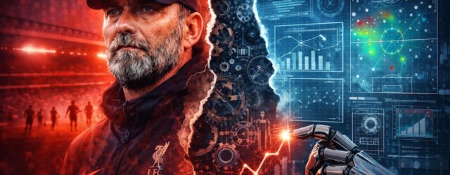 Opinion graphic showing Jürgen Klopp beside data screens and a robotic hand for a King of the Kop article on Liverpool’s data-led model