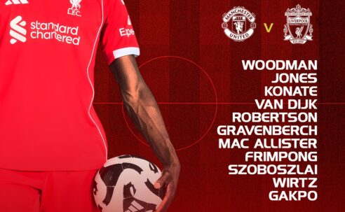 Liverpool starting XI graphic for Man Utd vs Liverpool, listing Woodman, Jones, Konate, Van Dijk and Gakpo.