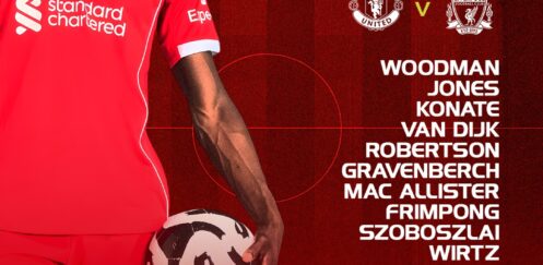 Liverpool starting XI graphic for Man Utd vs Liverpool, listing Woodman, Jones, Konate, Van Dijk and Gakpo.
