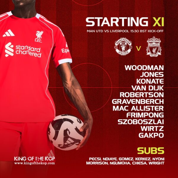 Liverpool starting XI graphic for Man Utd vs Liverpool, listing Woodman, Jones, Konate, Van Dijk and Gakpo.