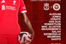 Liverpool starting XI graphic for Brentford at Anfield, listing Alisson, Salah, Robertson and Gakpo.