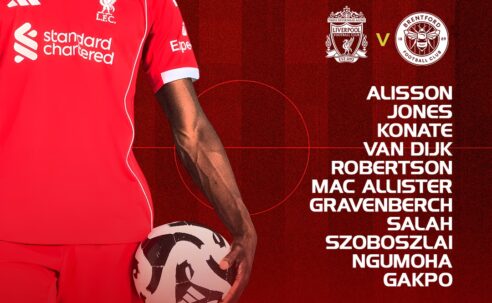 Liverpool starting XI graphic for Brentford at Anfield, listing Alisson, Salah, Robertson and Gakpo.