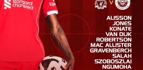 Liverpool starting XI graphic for Brentford at Anfield, listing Alisson, Salah, Robertson and Gakpo.