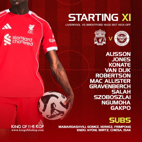 Liverpool starting XI graphic for Brentford at Anfield, listing Alisson, Salah, Robertson and Gakpo.