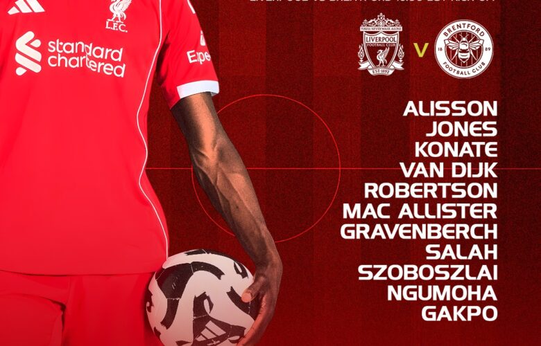 Liverpool starting XI graphic for Brentford at Anfield, listing Alisson, Salah, Robertson and Gakpo.
