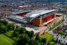 Aerial view of Anfield stadium and the surrounding streets and neighbourhood in Liverpool