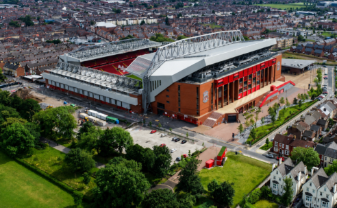 Aerial view of Anfield stadium and the surrounding streets and neighbourhood in Liverpool