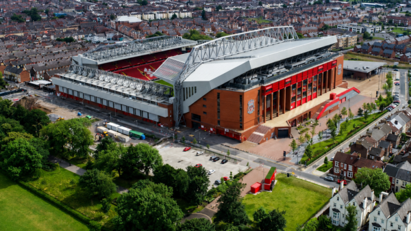 Aerial view of Anfield stadium and the surrounding streets and neighbourhood in Liverpool
