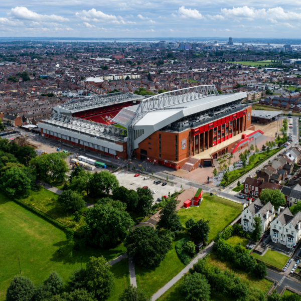 Aerial view of Anfield stadium and the surrounding streets and neighbourhood in Liverpool