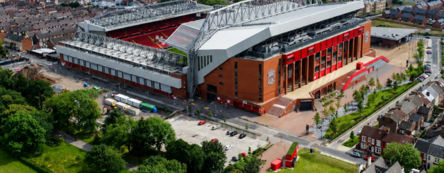Aerial view of Anfield stadium and the surrounding streets and neighbourhood in Liverpool