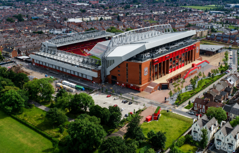 Aerial view of Anfield stadium and the surrounding streets and neighbourhood in Liverpool