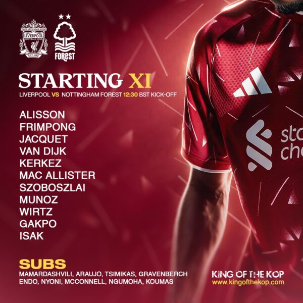 Liverpool starting XI for the Premier League match against Nottingham Forest at Anfield