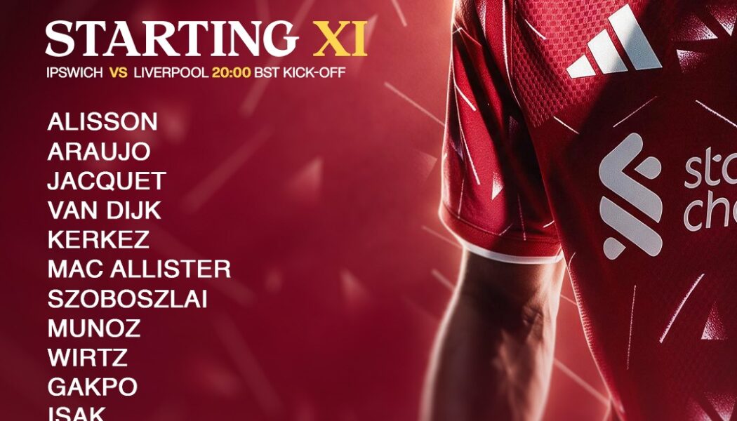 Liverpool starting XI graphic for the Premier League match away to Ipswich Town at Portman Road.
