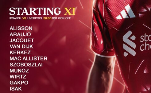 Liverpool starting XI graphic for the Premier League match away to Ipswich Town at Portman Road.