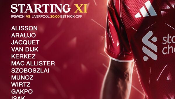 Liverpool starting XI graphic for the Premier League match away to Ipswich Town at Portman Road.