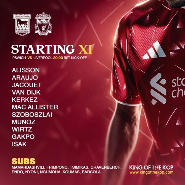 Liverpool starting XI graphic for the Premier League match away to Ipswich Town at Portman Road.