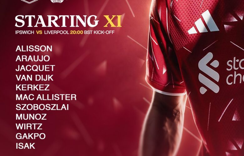 Liverpool starting XI graphic for the Premier League match away to Ipswich Town at Portman Road.