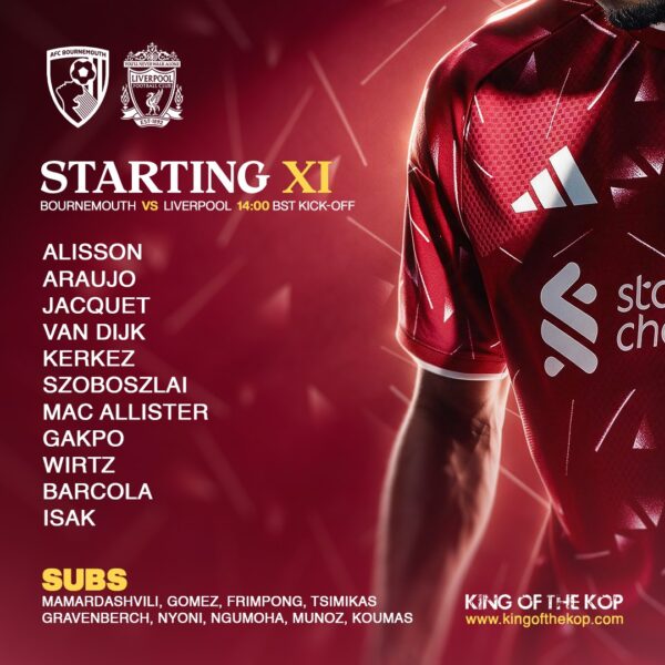 Liverpool starting XI for the Premier League match against Bournemouth at the Vitality Stadium