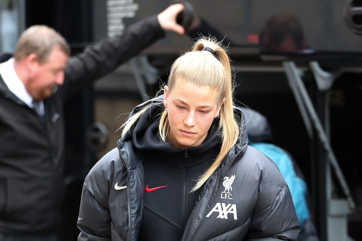 Marie Höbinger wearing Liverpool FC training kit before a Women's Super League match against Tottenham.