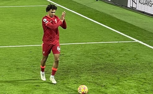 Trent Alexander-Arnold walking towards the corner flag during Liverpool’s match against Leicester City.