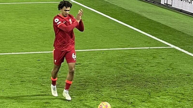 Trent Alexander-Arnold walking towards the corner flag during Liverpool’s match against Leicester City.