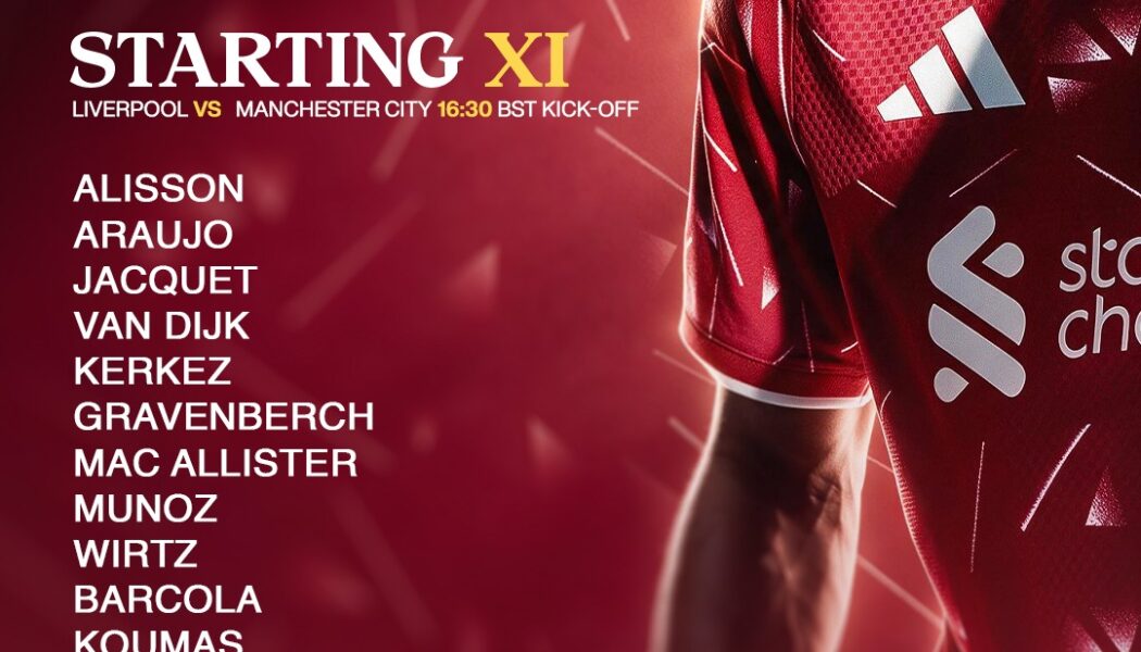 Liverpool starting XI and substitutes against Manchester City at Anfield, with Lewis Koumas leading the attack.