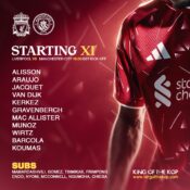 Liverpool starting XI and substitutes against Manchester City at Anfield, with Lewis Koumas leading the attack.