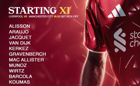 Liverpool starting XI and substitutes against Manchester City at Anfield, with Lewis Koumas leading the attack.