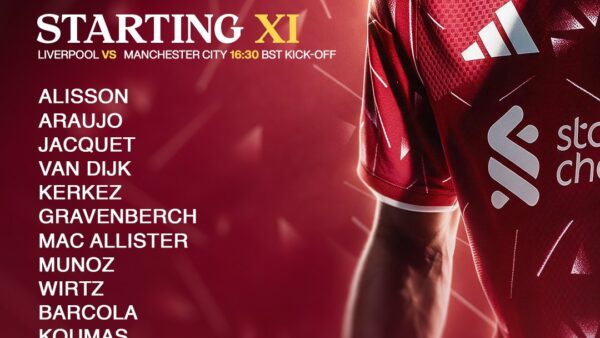 Liverpool starting XI and substitutes against Manchester City at Anfield, with Lewis Koumas leading the attack.