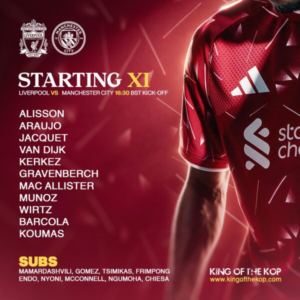 Liverpool starting XI and substitutes against Manchester City at Anfield, with Lewis Koumas leading the attack.