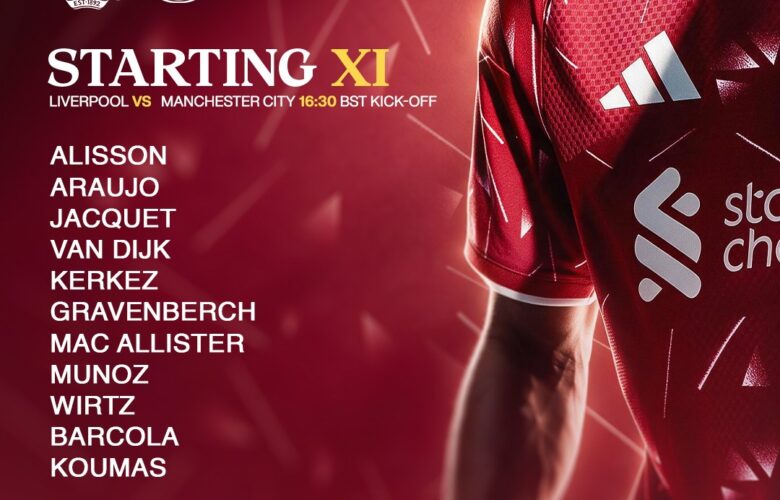 Liverpool starting XI and substitutes against Manchester City at Anfield, with Lewis Koumas leading the attack.