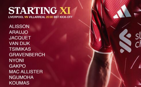 Liverpool starting XI against Villarreal in the Champions League at Anfield, with Gakpo, Nyoni and Koumas selected.