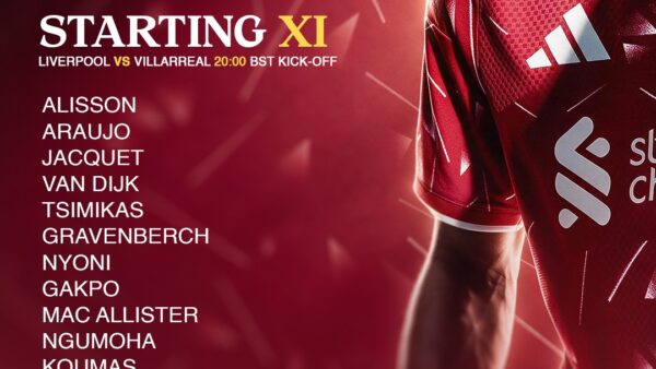 Liverpool starting XI against Villarreal in the Champions League at Anfield, with Gakpo, Nyoni and Koumas selected.