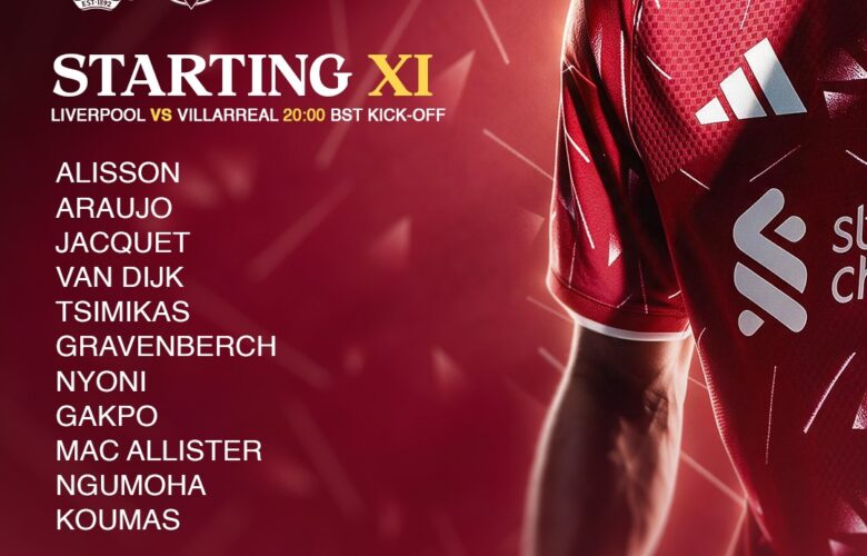 Liverpool starting XI against Villarreal in the Champions League at Anfield, with Gakpo, Nyoni and Koumas selected.
