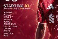 Liverpool starting XI and substitutes against Brentford, with Isak and Szoboszlai starting and Gakpo on the bench.